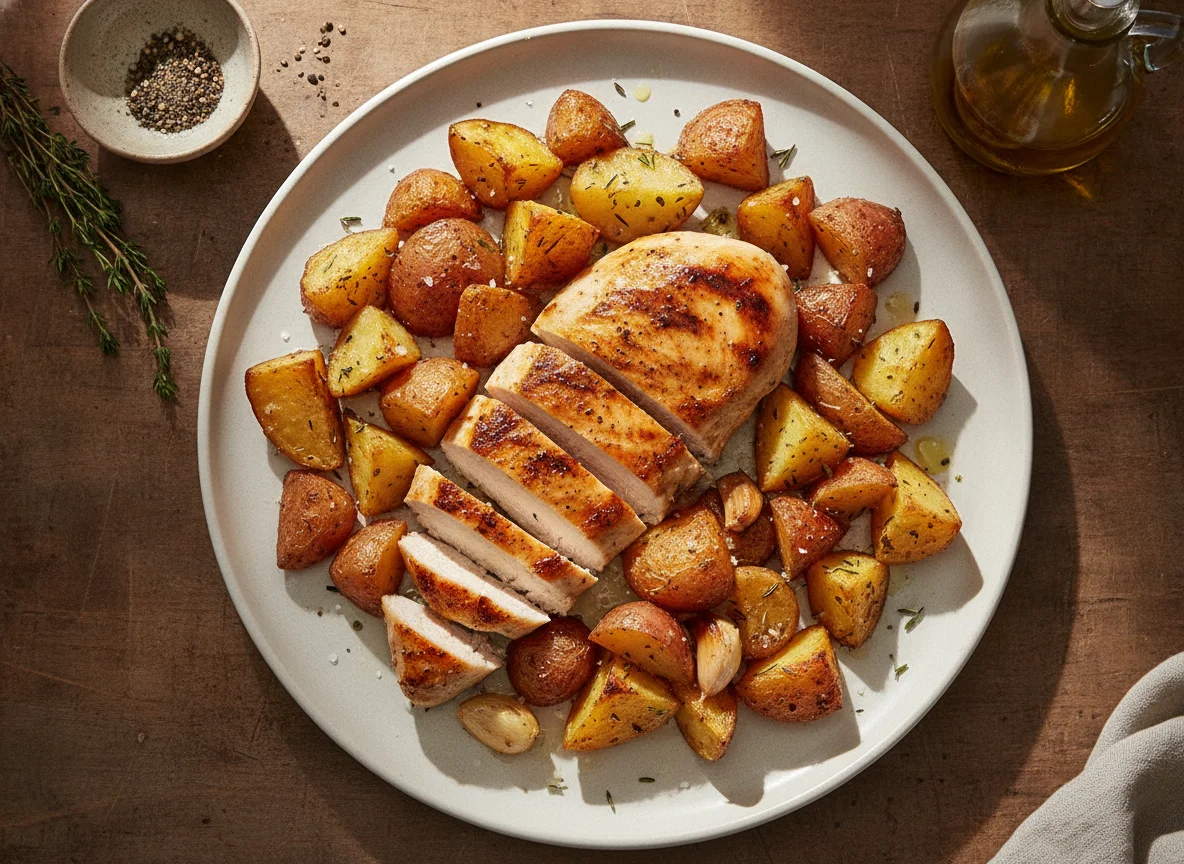 Grilled chicken breast with roasted potatoes photo