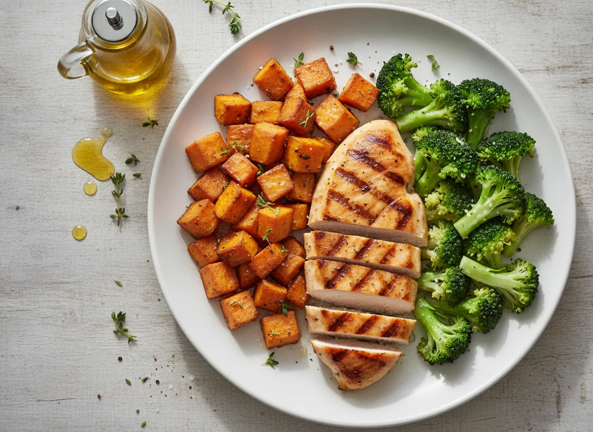 Grilled chicken breast with roasted sweet potatoes and broccoli photo