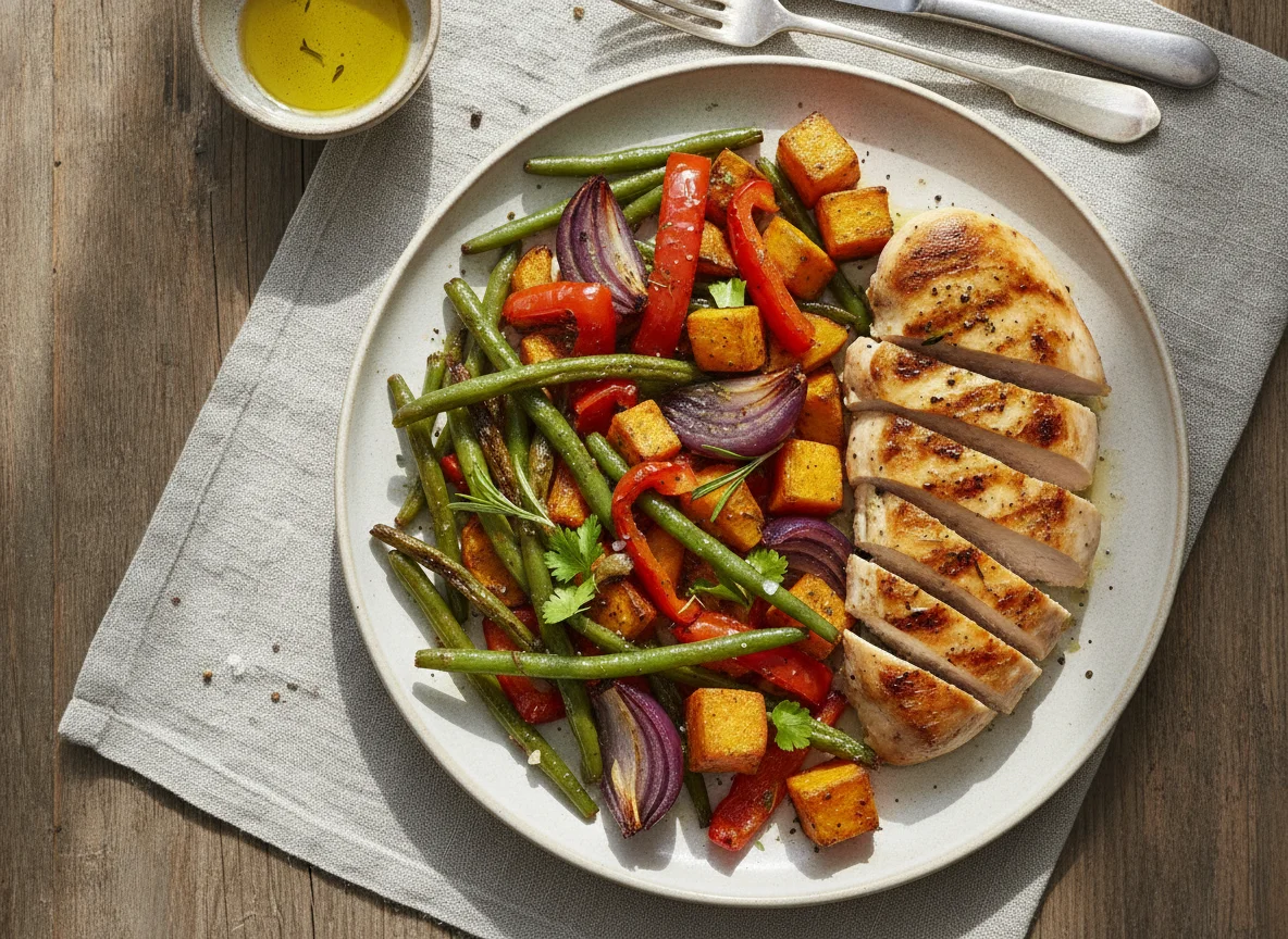 Grilled chicken breast with roasted vegetables photo
