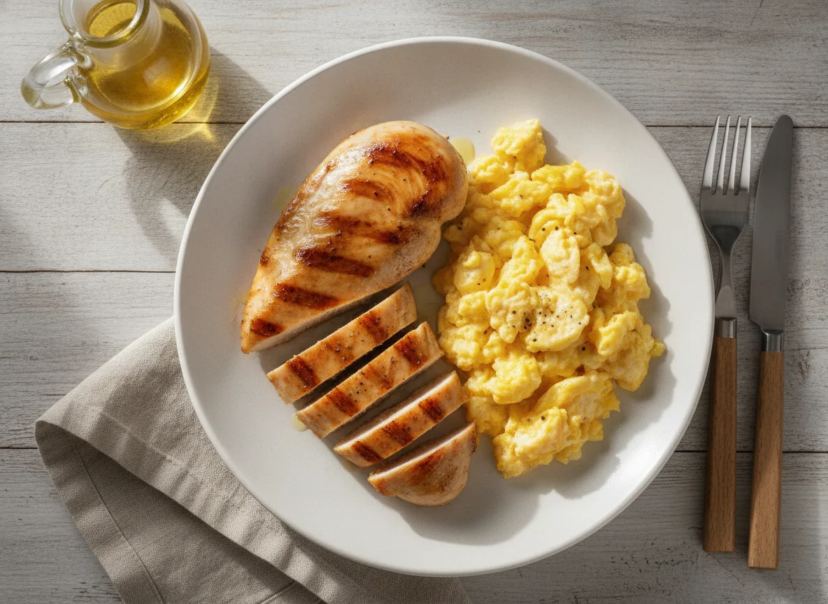 Grilled chicken breast with scrambled eggs photo