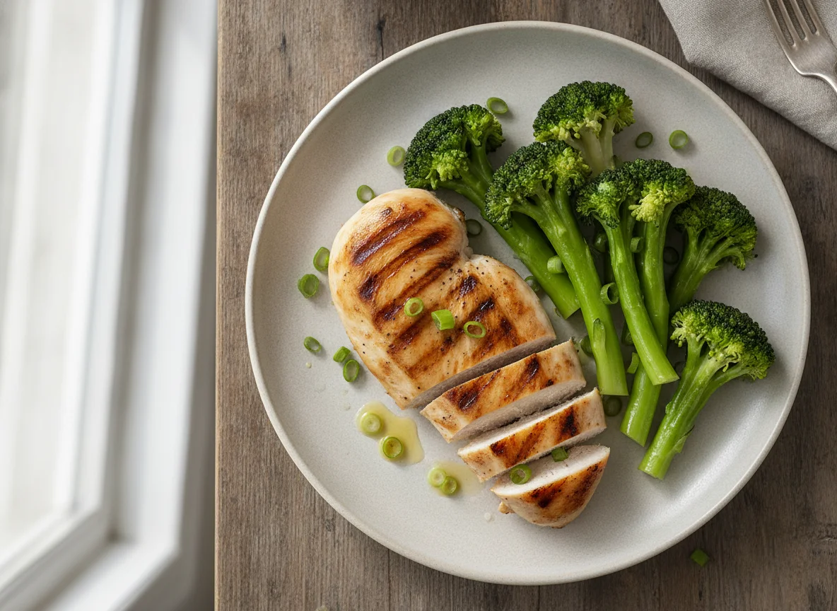 Grilled chicken breast with steamed broccoli photo