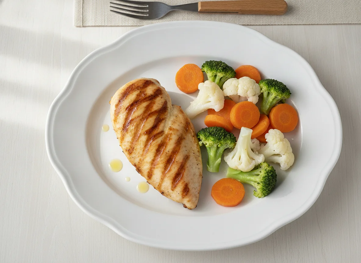 Grilled chicken breast with steamed vegetables photo