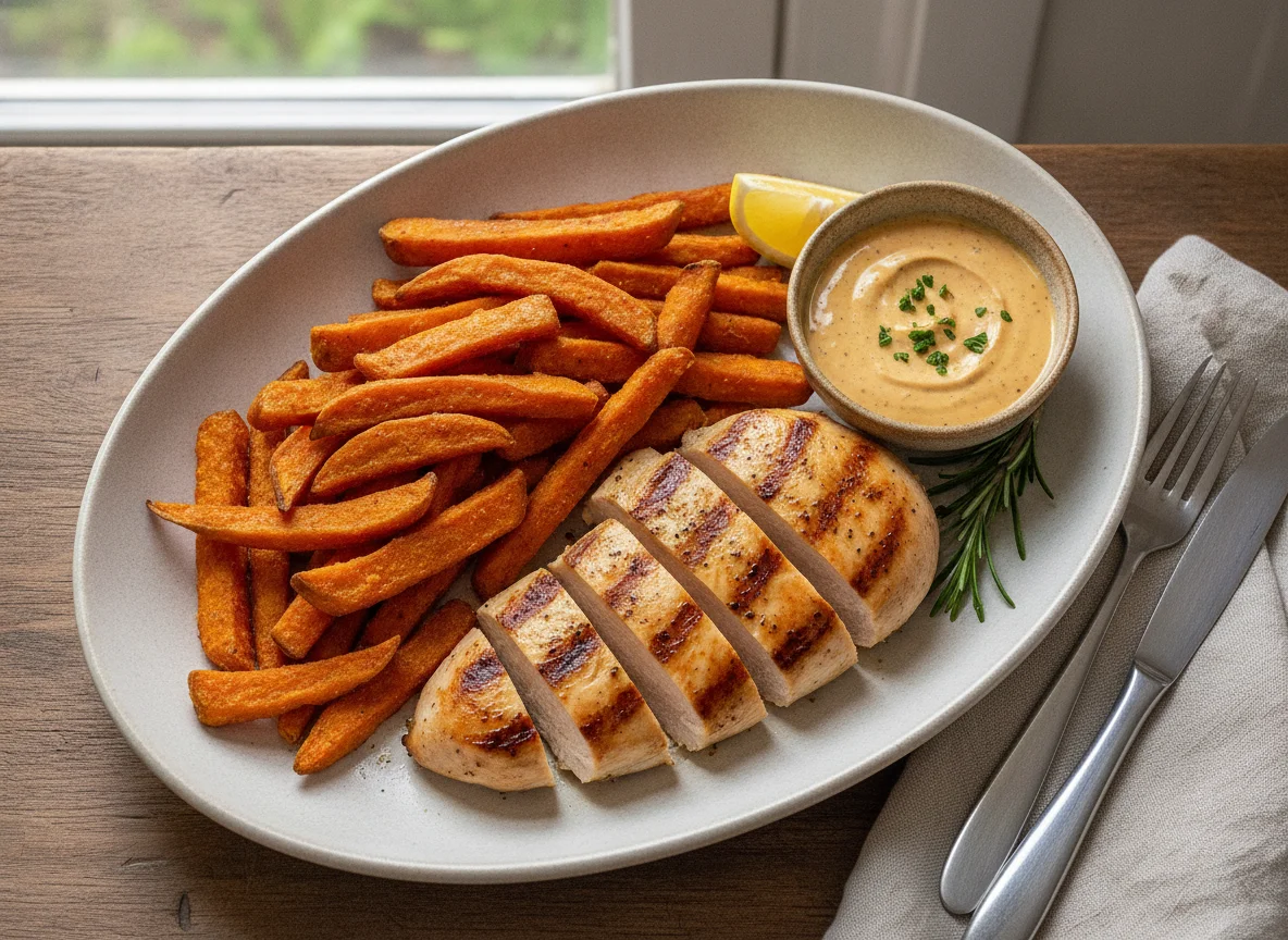 Grilled chicken breast with sweet potato fries photo