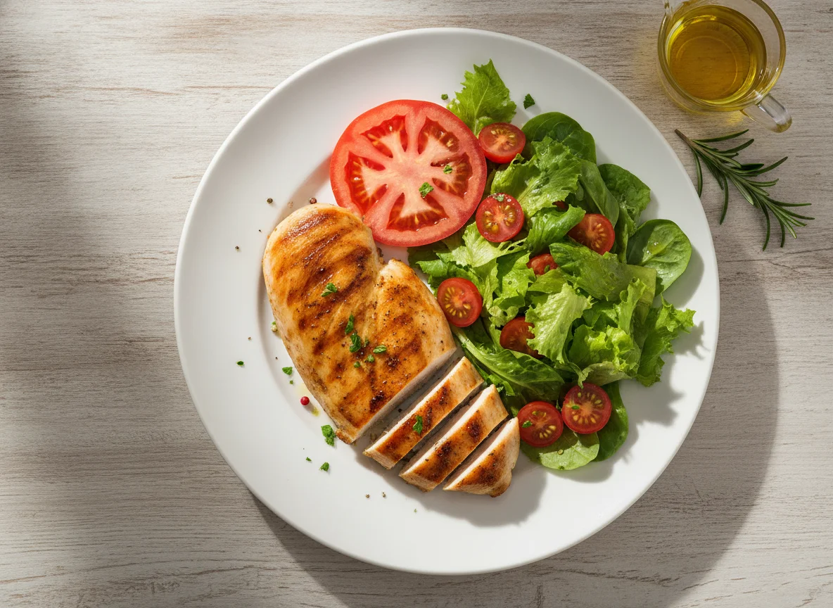 Grilled chicken breast with tomato and lettuce salad photo