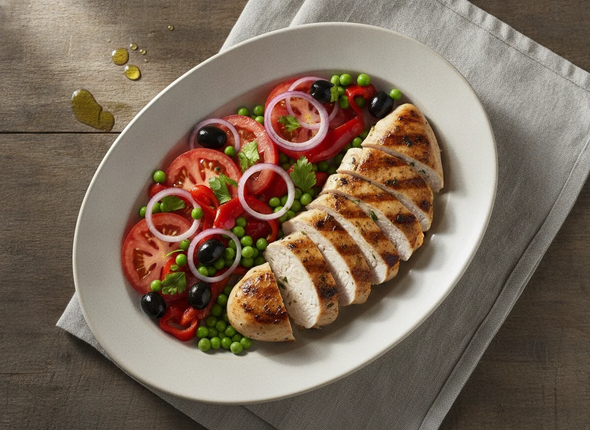 Grilled chicken breast with tomato salad, peas, and red onion photo