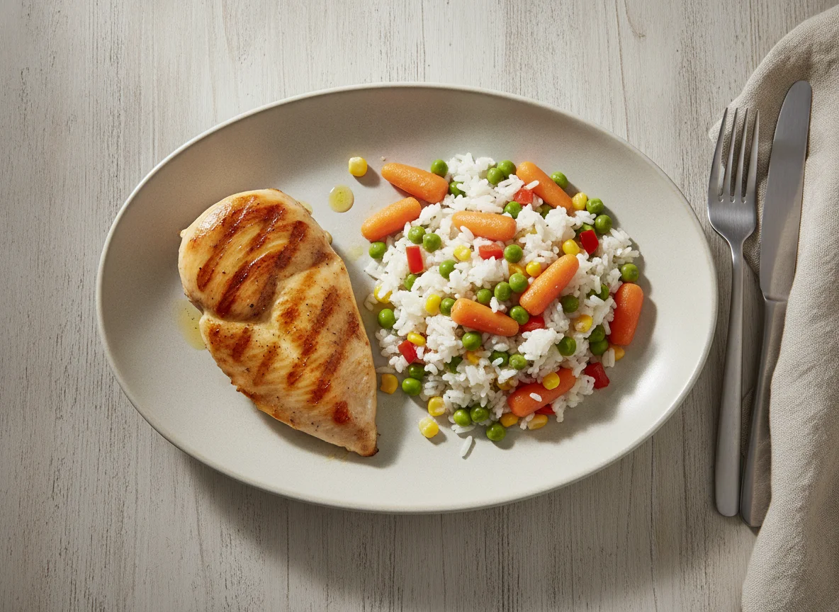 Grilled chicken breast with vegetable rice photo