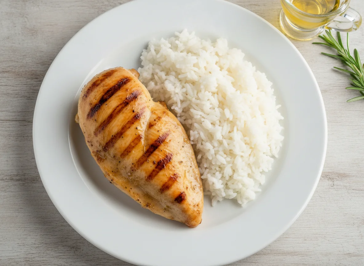 Grilled chicken breast with white rice photo