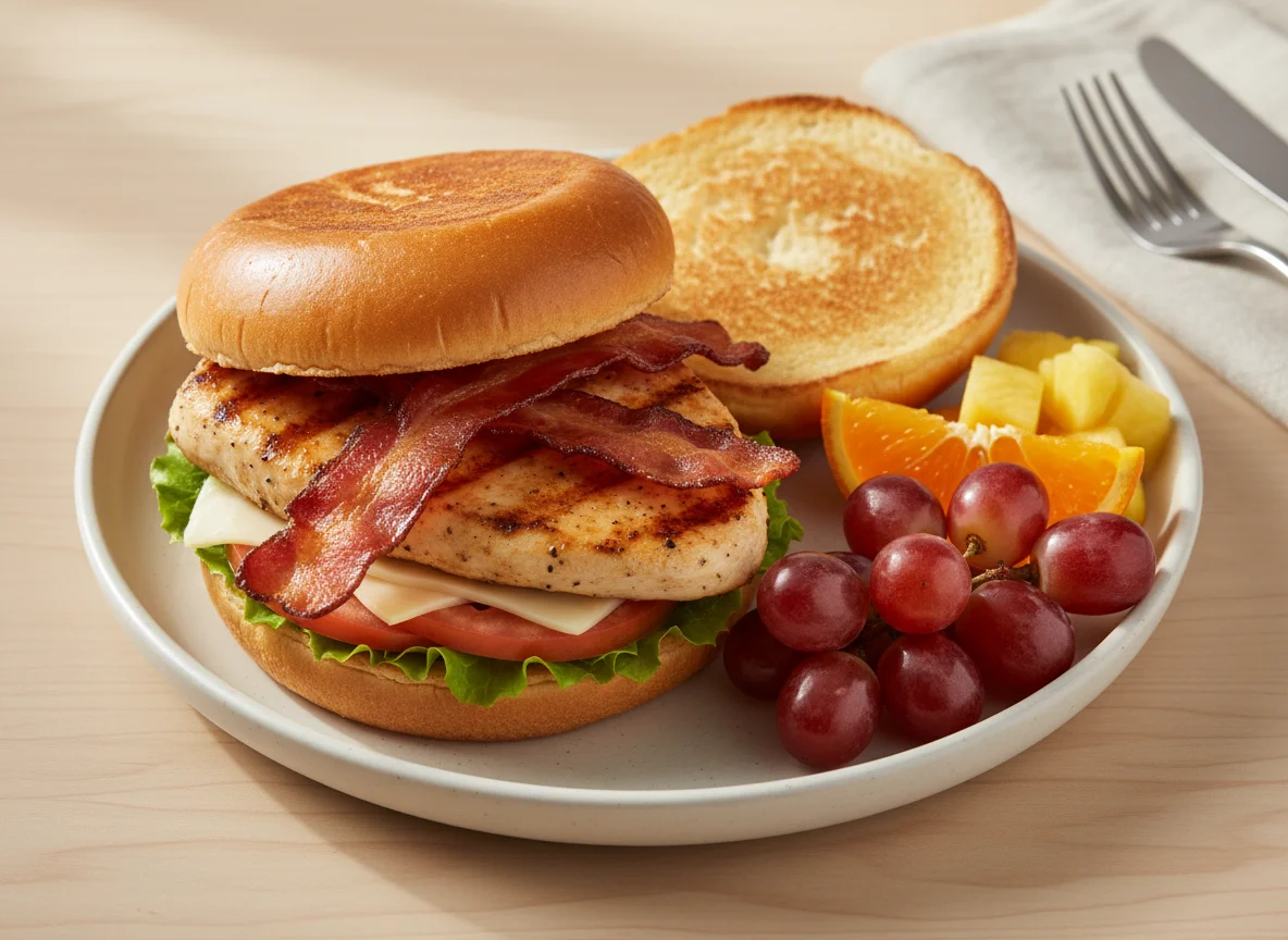 Grilled Chicken Club Sandwich with Fruit Side photo