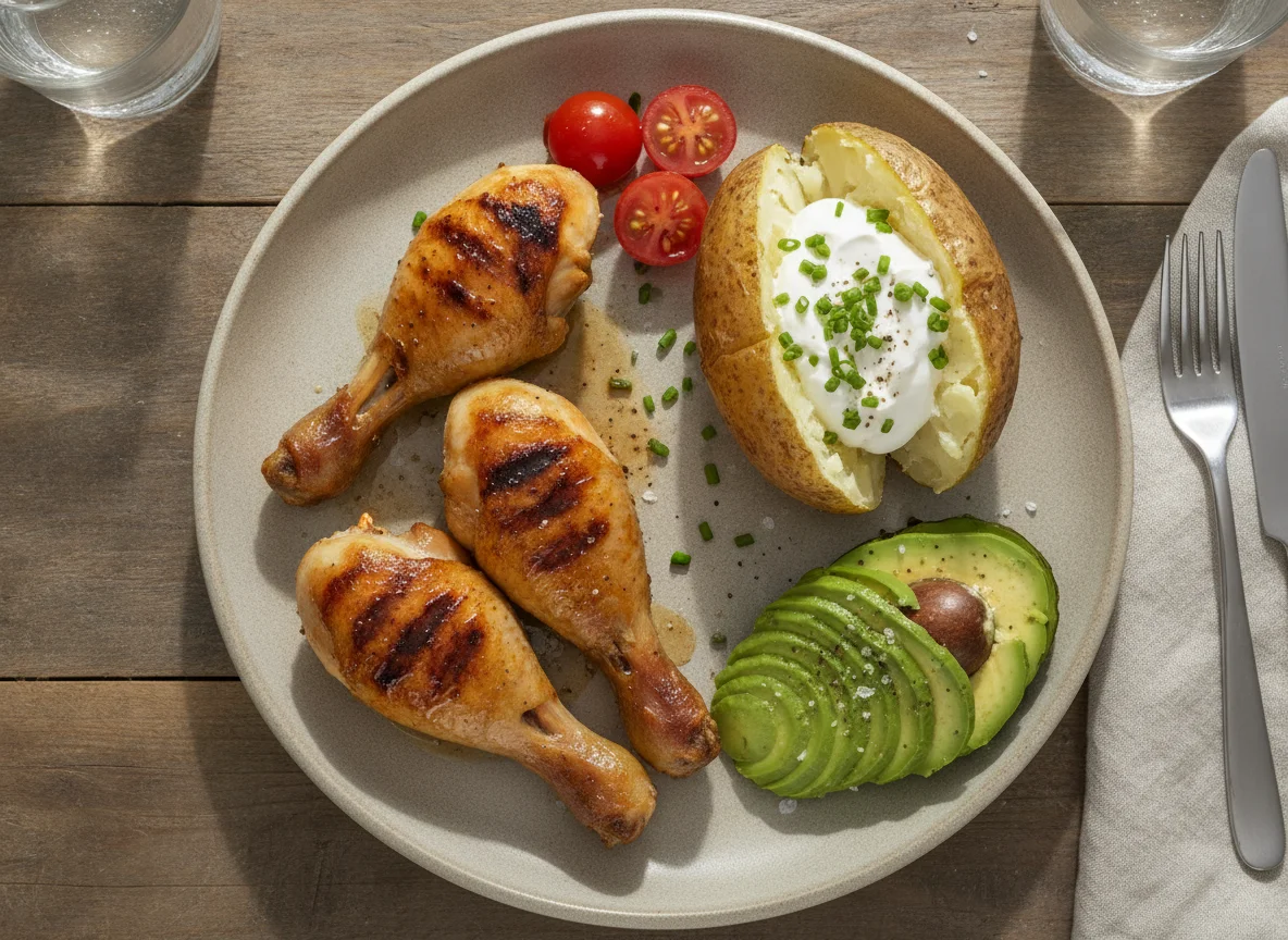 Grilled chicken drumsticks with baked potato and avocado photo