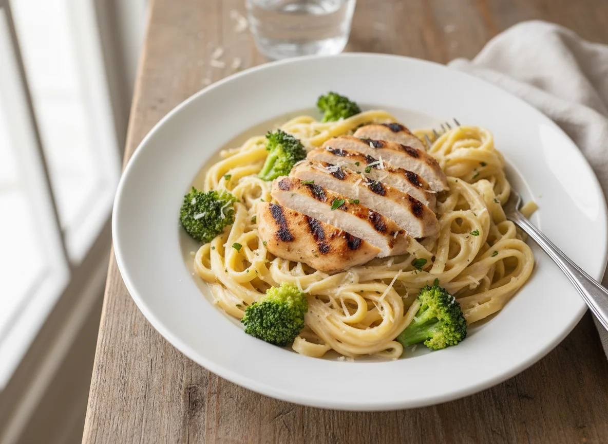 Grilled Chicken Fettuccine Alfredo with Broccoli photo