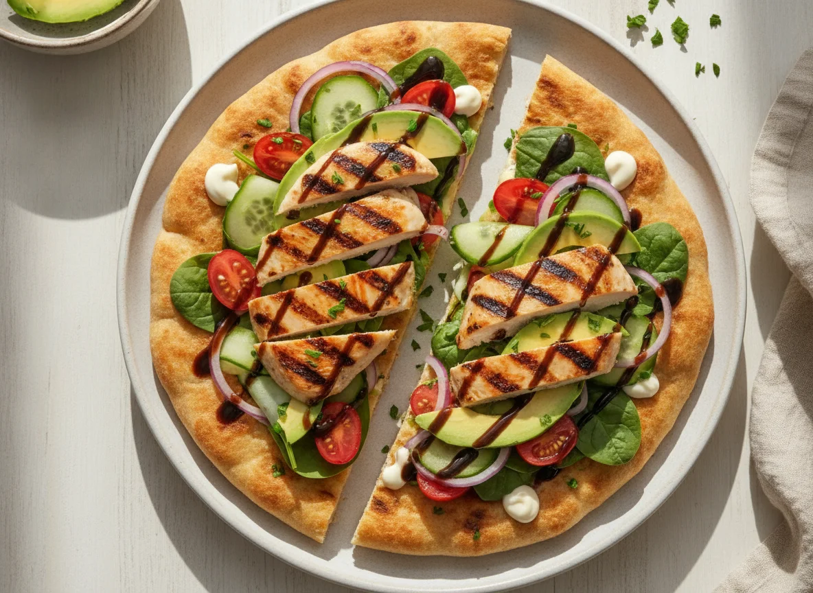 Grilled Chicken Flatbread with Avocado and Balsamic Glaze photo