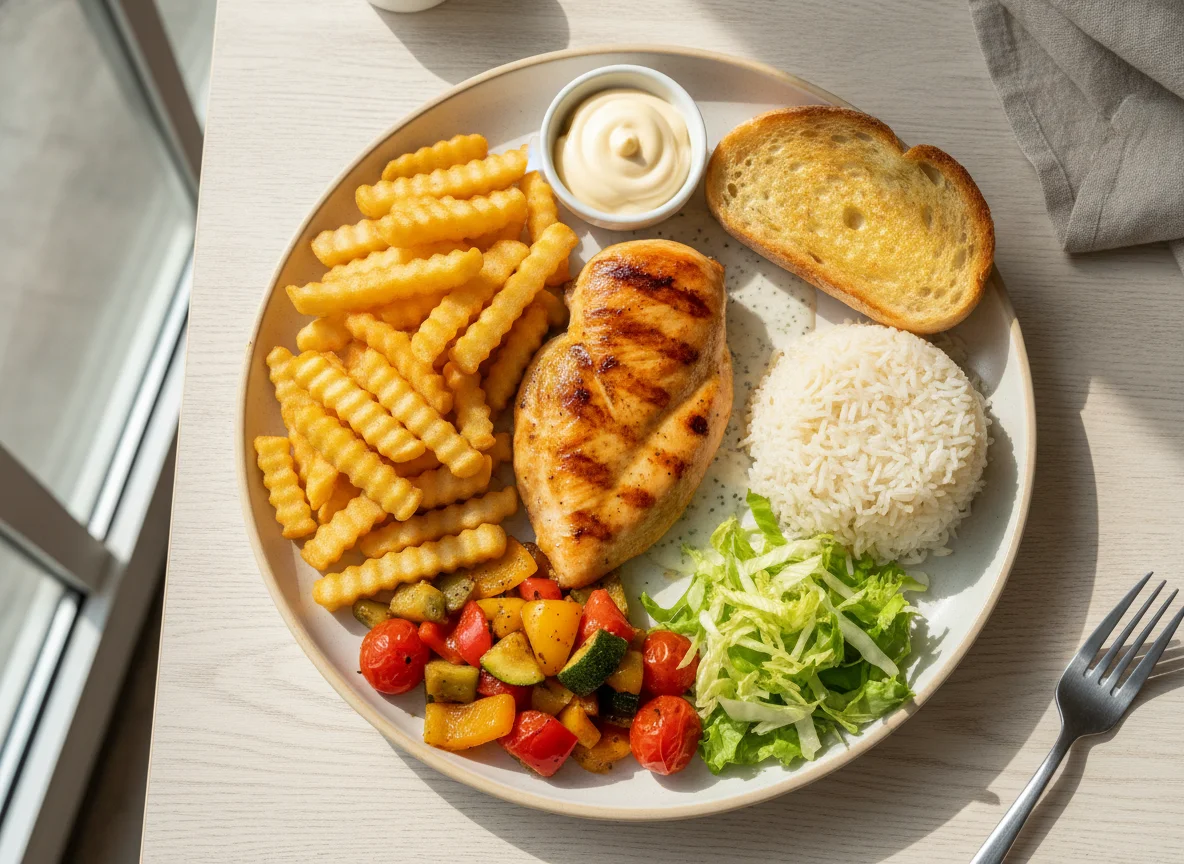 Grilled Chicken Platter with Fries and Rice photo