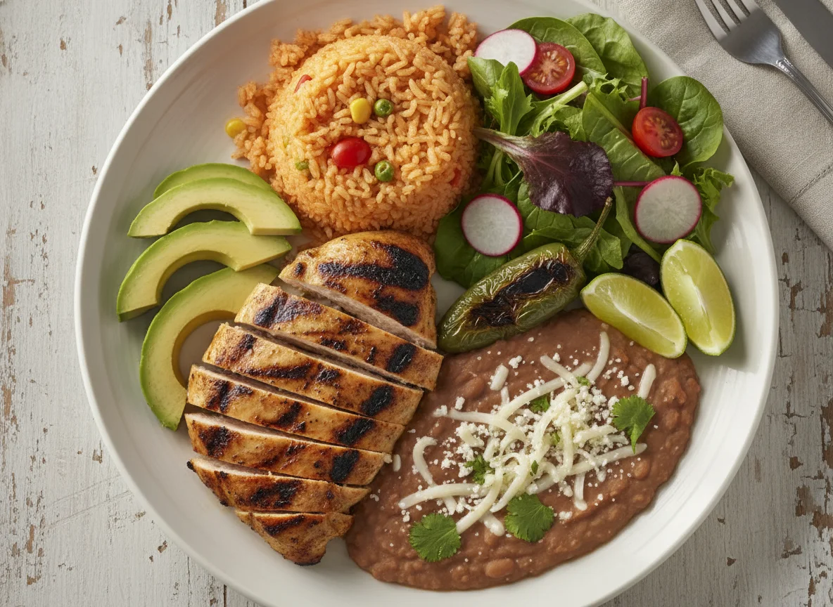 Grilled Chicken Platter with Rice and Beans photo