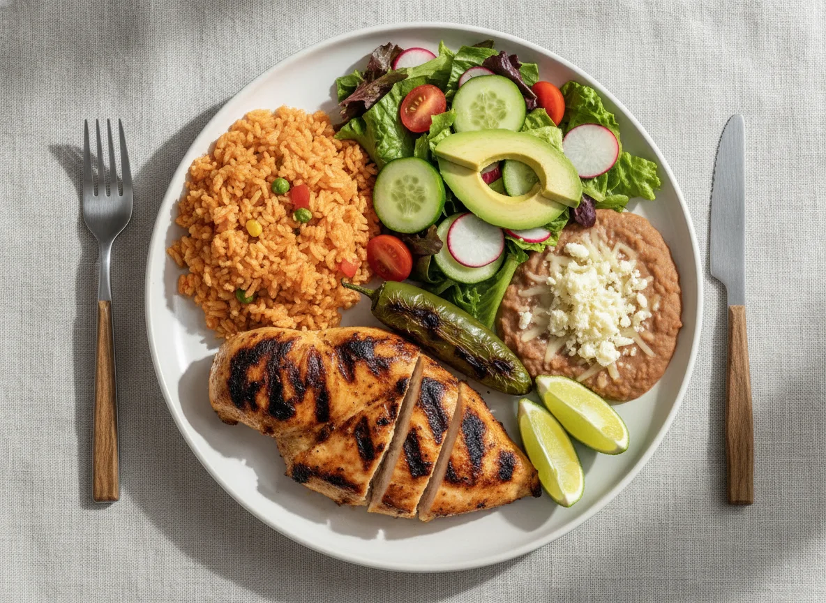 Grilled Chicken Platter with Rice, Beans, and Salad photo