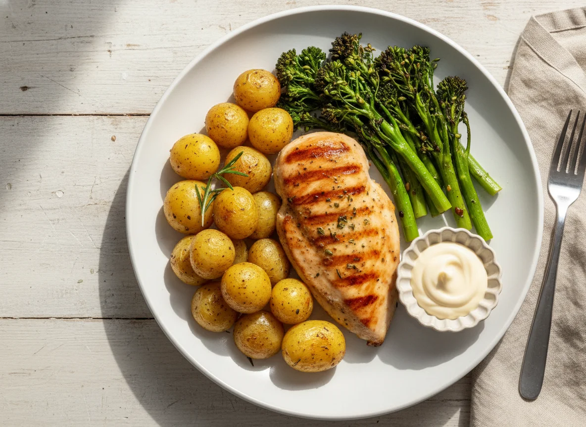Grilled Chicken, Roasted Potatoes, Broccolini and Mayonnaise photo