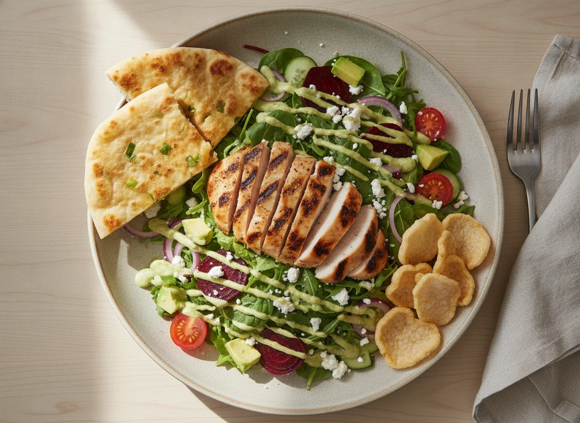Grilled Chicken Salad with Avocado, Beetroot, and Flatbread photo