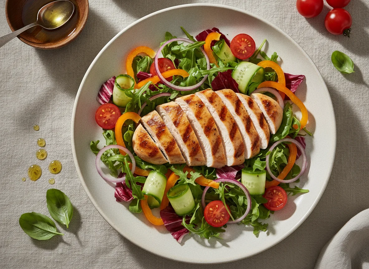 Grilled Chicken Salad with Bell Peppers and Cucumber photo