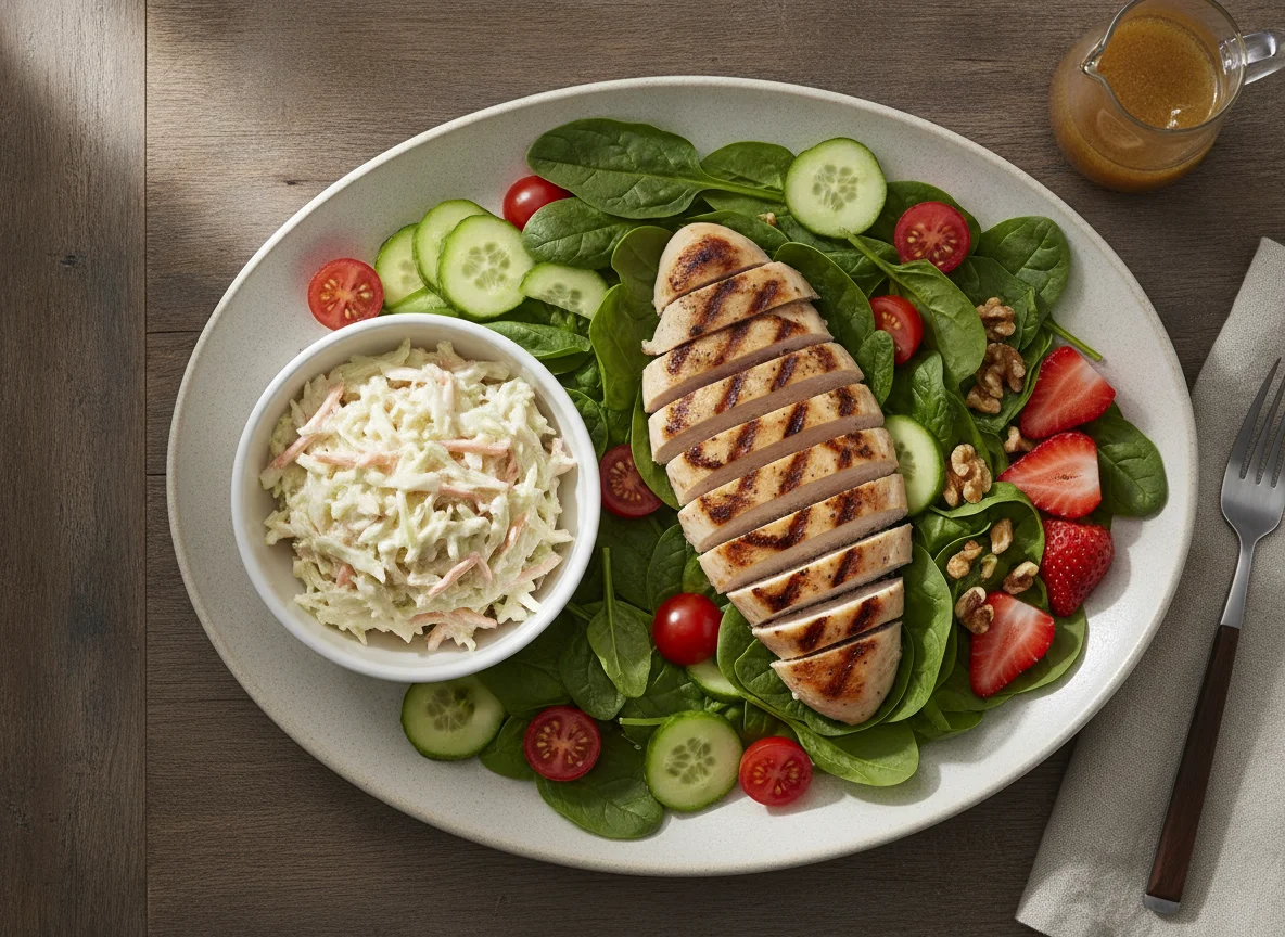 Grilled Chicken Salad with Coleslaw and Fruit photo