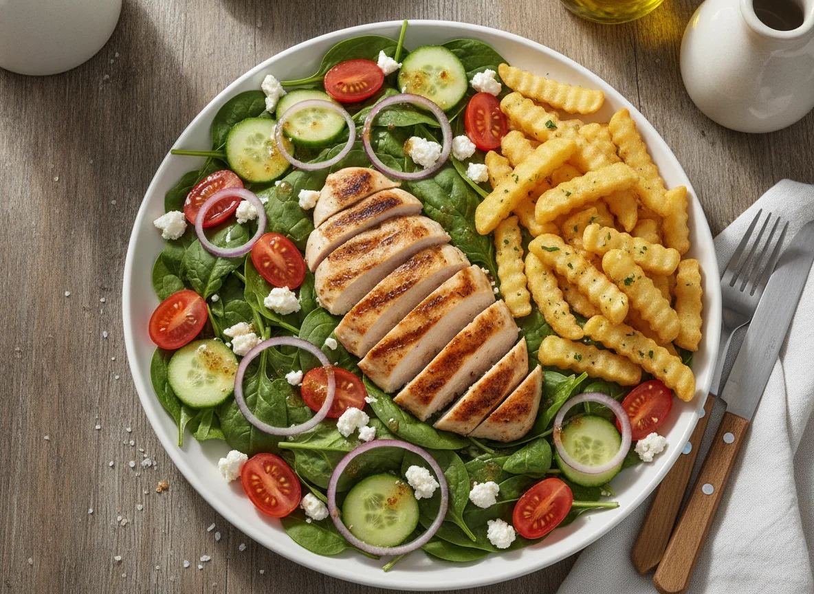 Grilled Chicken Salad with French Fries photo