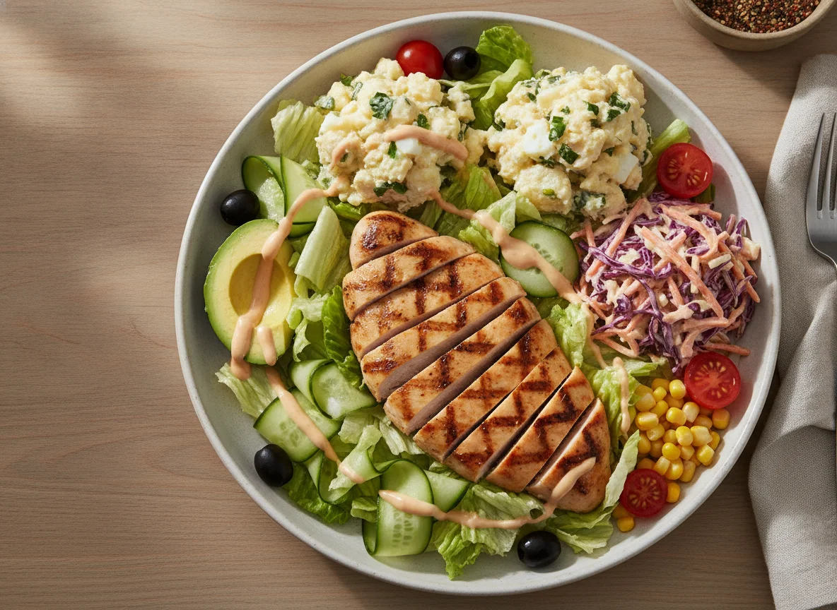 Grilled chicken salad with potato salad and coleslaw photo