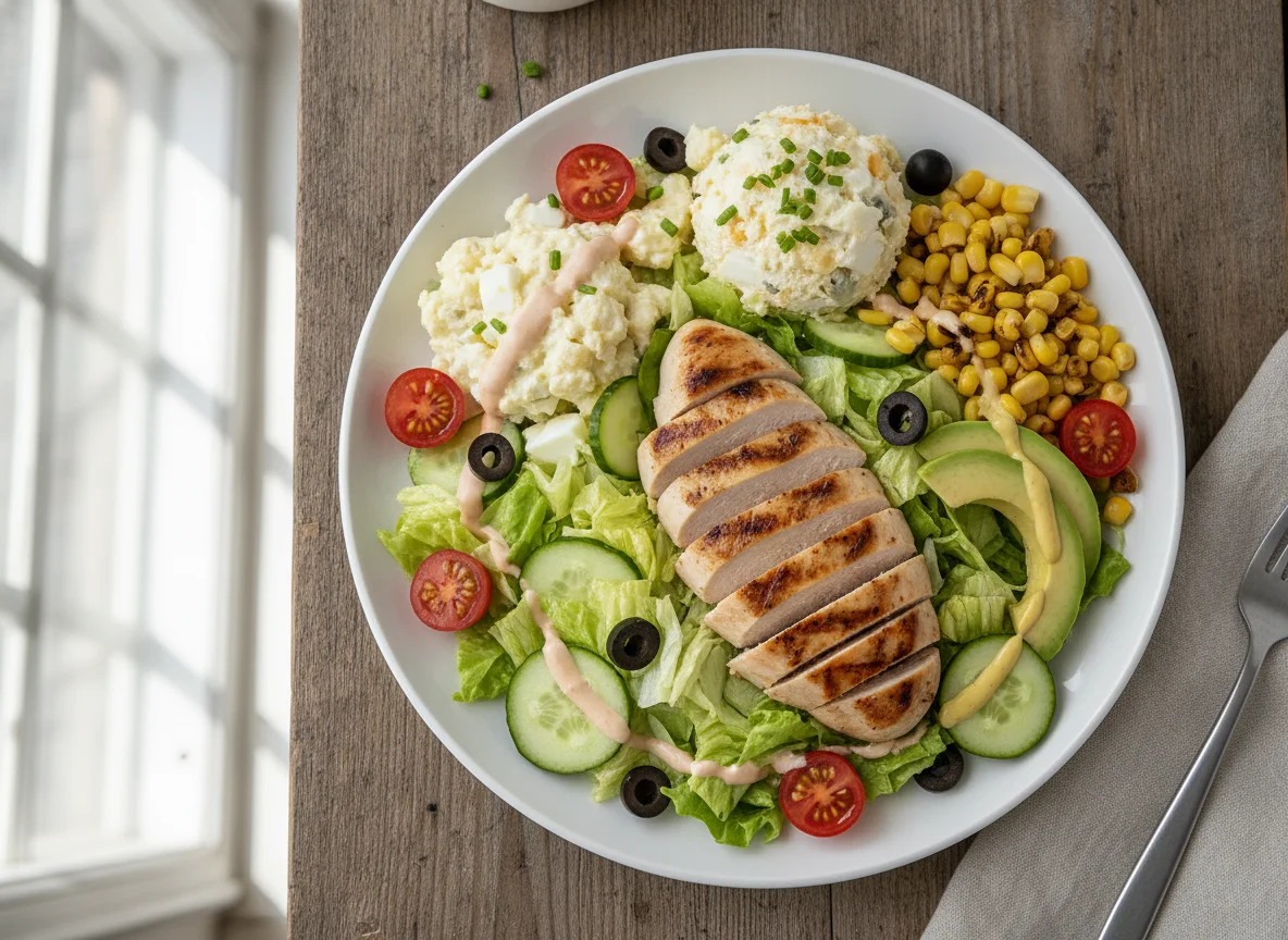Grilled Chicken Salad with Potato Salad and Corn photo