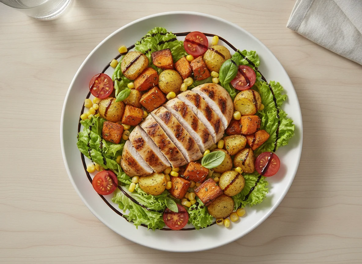 Grilled chicken salad with roasted potatoes and sweet potatoes photo
