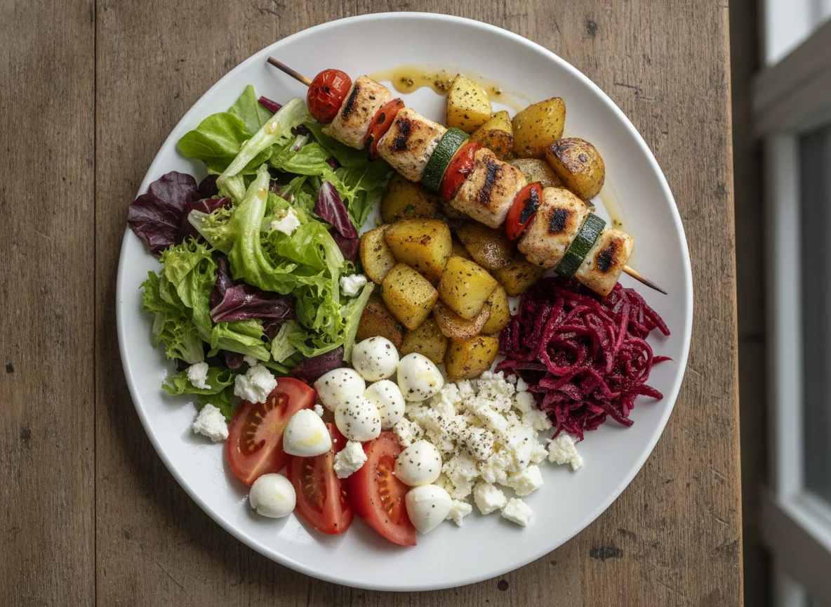 Grilled chicken skewer with potatoes, mozzarella tomatoes, and mixed salad photo