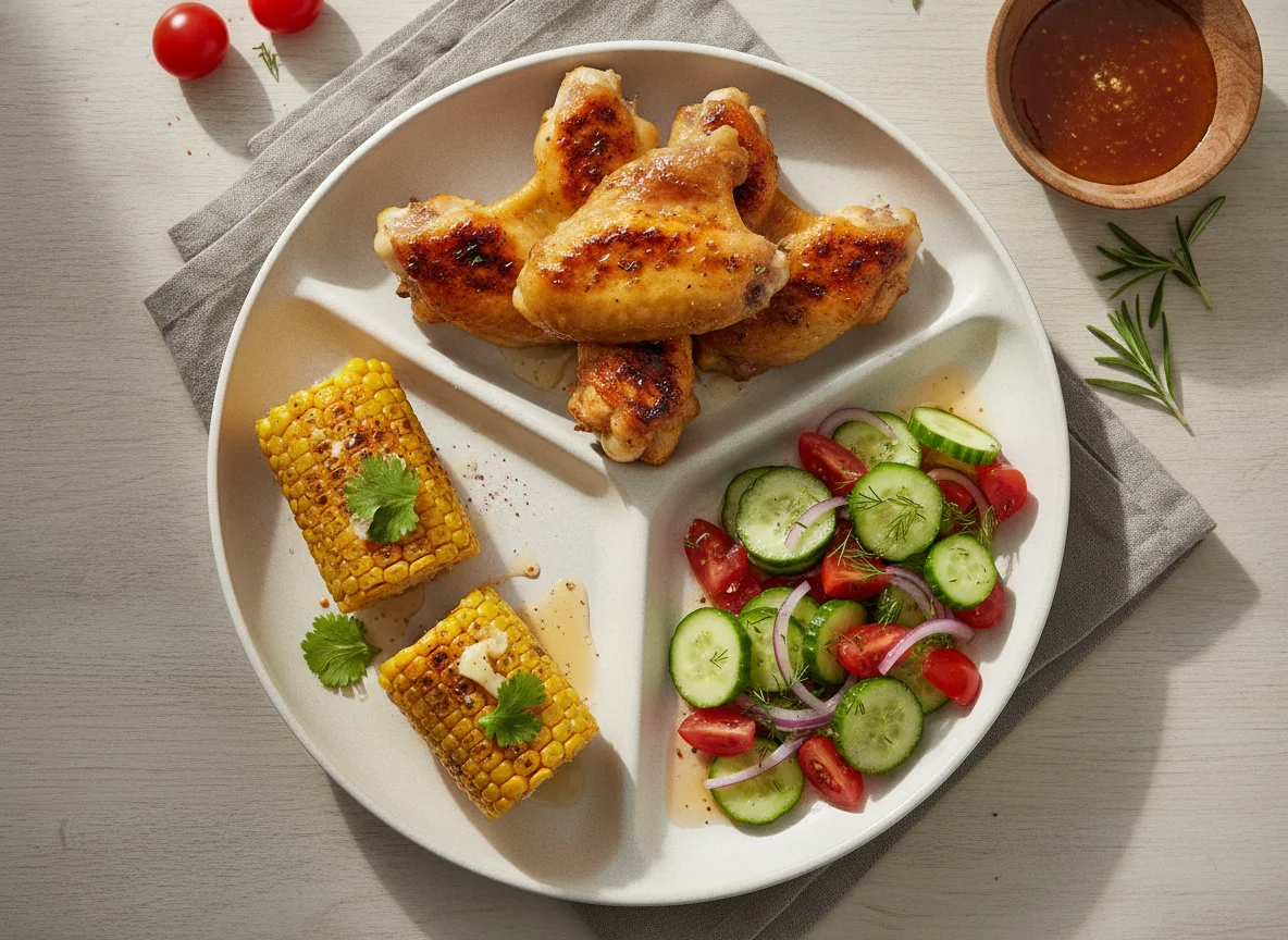 Grilled Chicken Wings with Corn on the Cob and Cucumber Tomato Salad photo