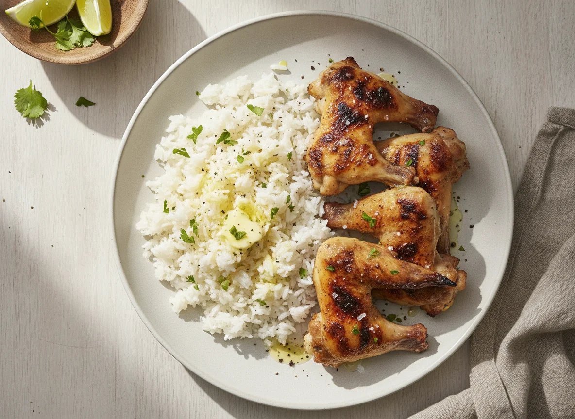 Grilled chicken wings with white rice photo