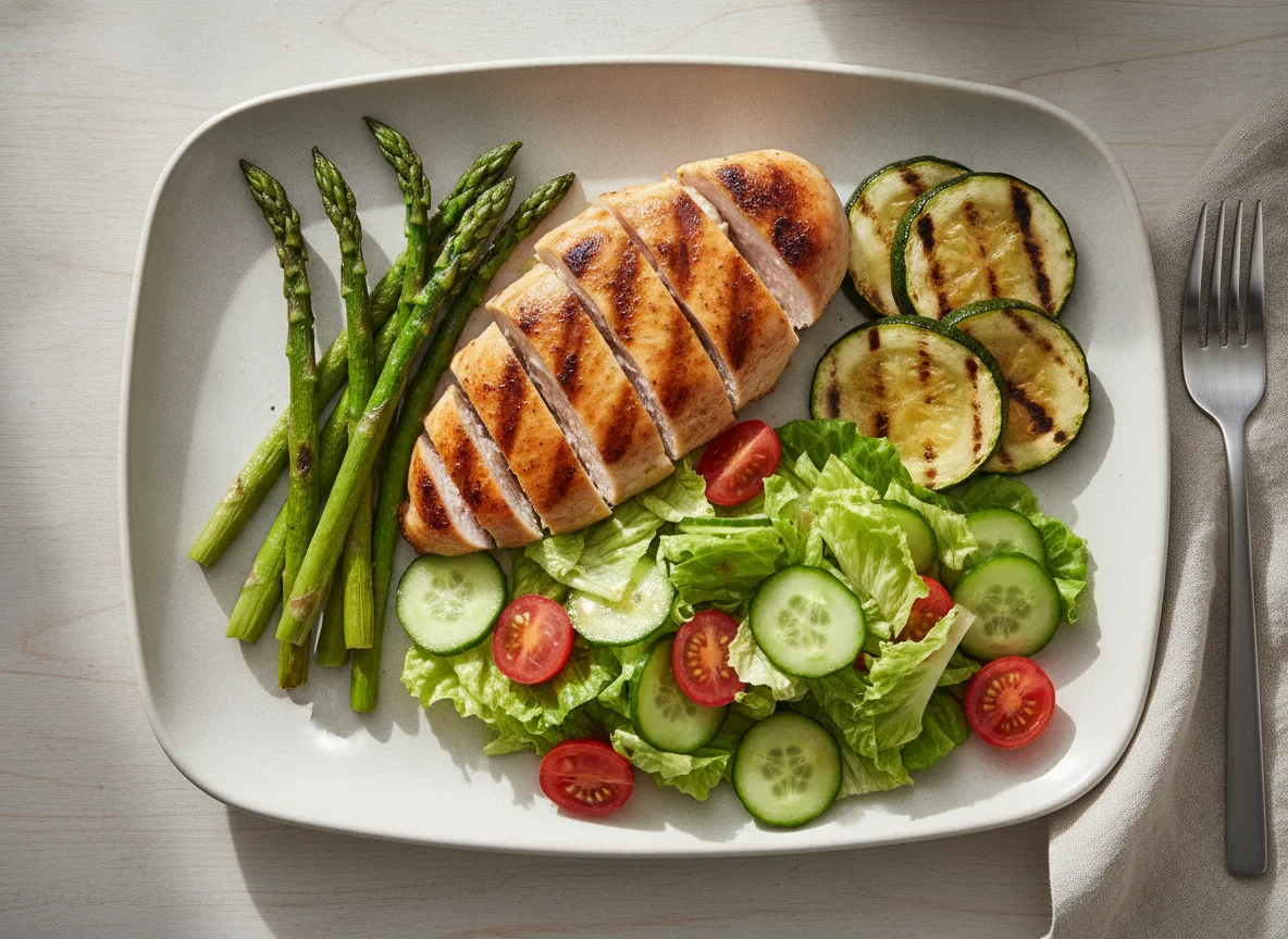 Grilled Chicken with Asparagus, Zucchini, and Garden Salad photo