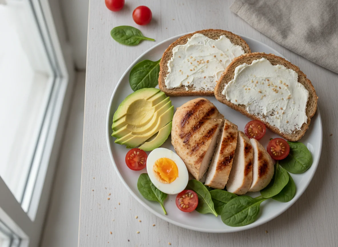 Grilled chicken with avocado, egg and bread with cream cheese photo