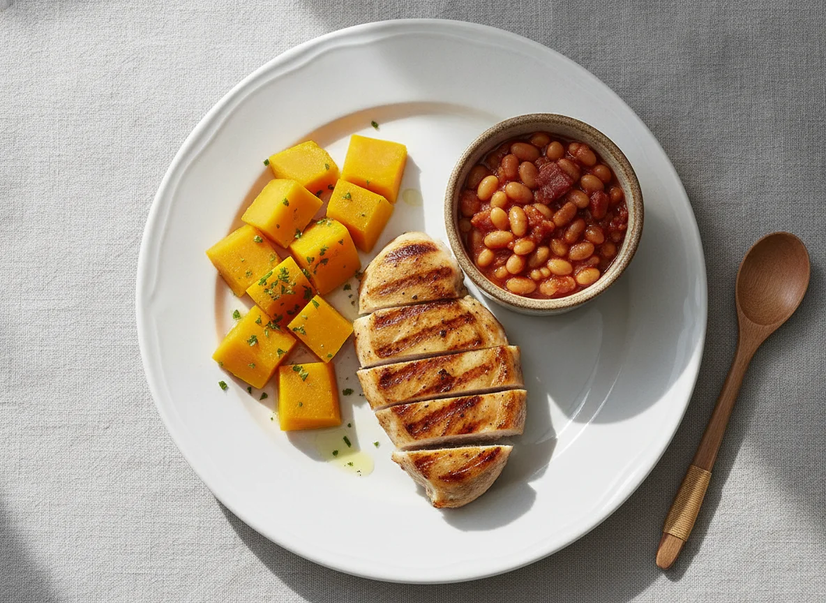 Grilled Chicken with Baked Beans and Boiled Pumpkin photo