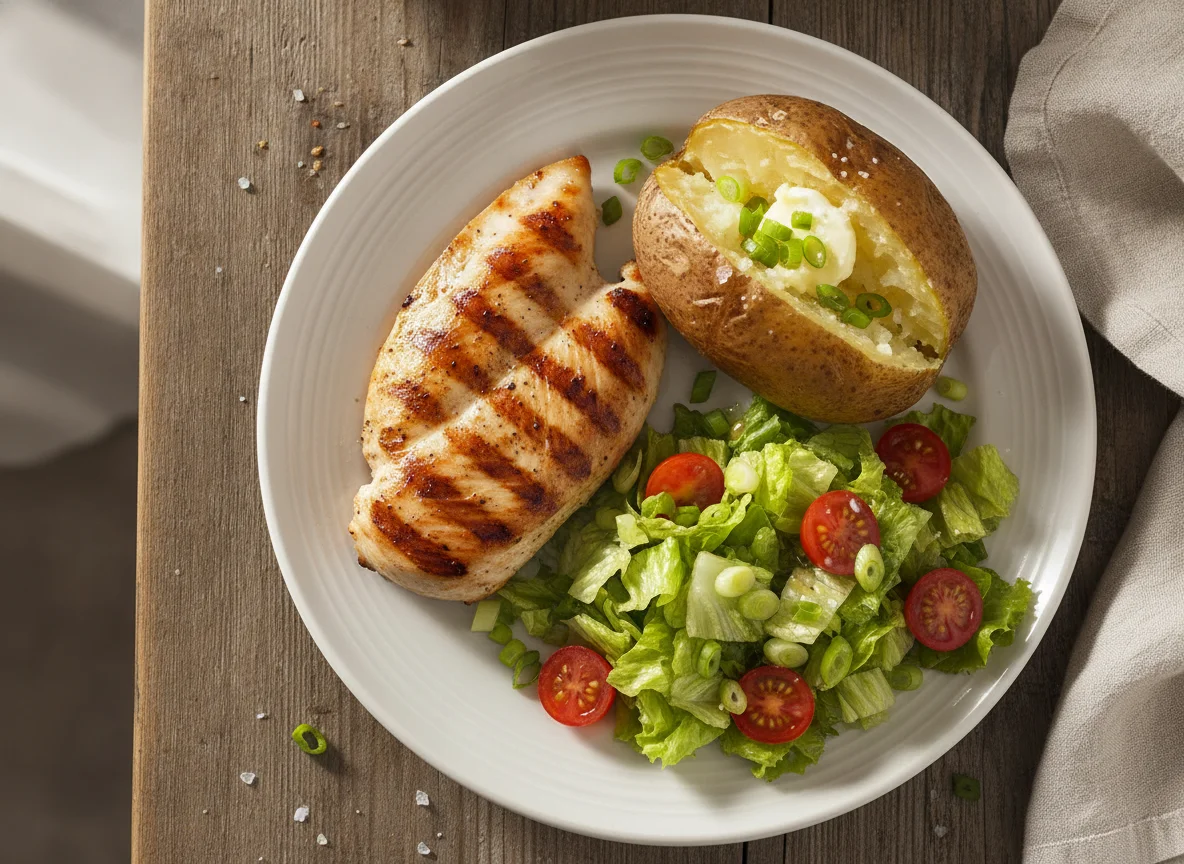 Grilled Chicken with Baked Potato and Garden Salad photo