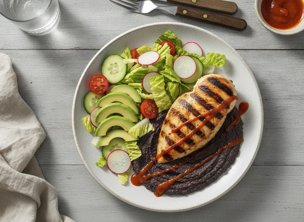 Grilled Chicken with Black Bean Puree and Salad photo