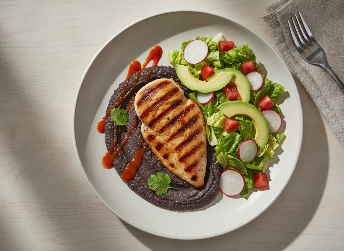 Grilled Chicken with Black Bean Puree and Side Salad photo