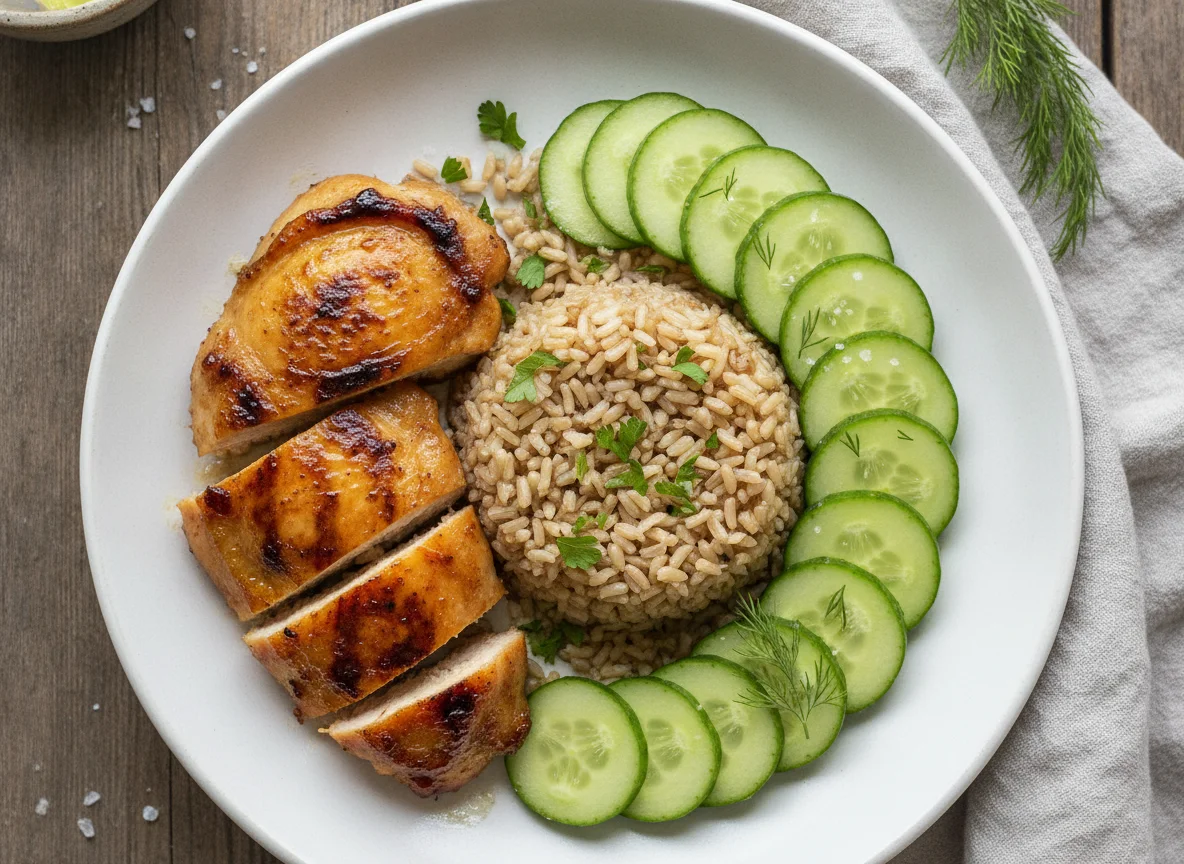 Grilled Chicken with Brown Rice and Cucumber photo