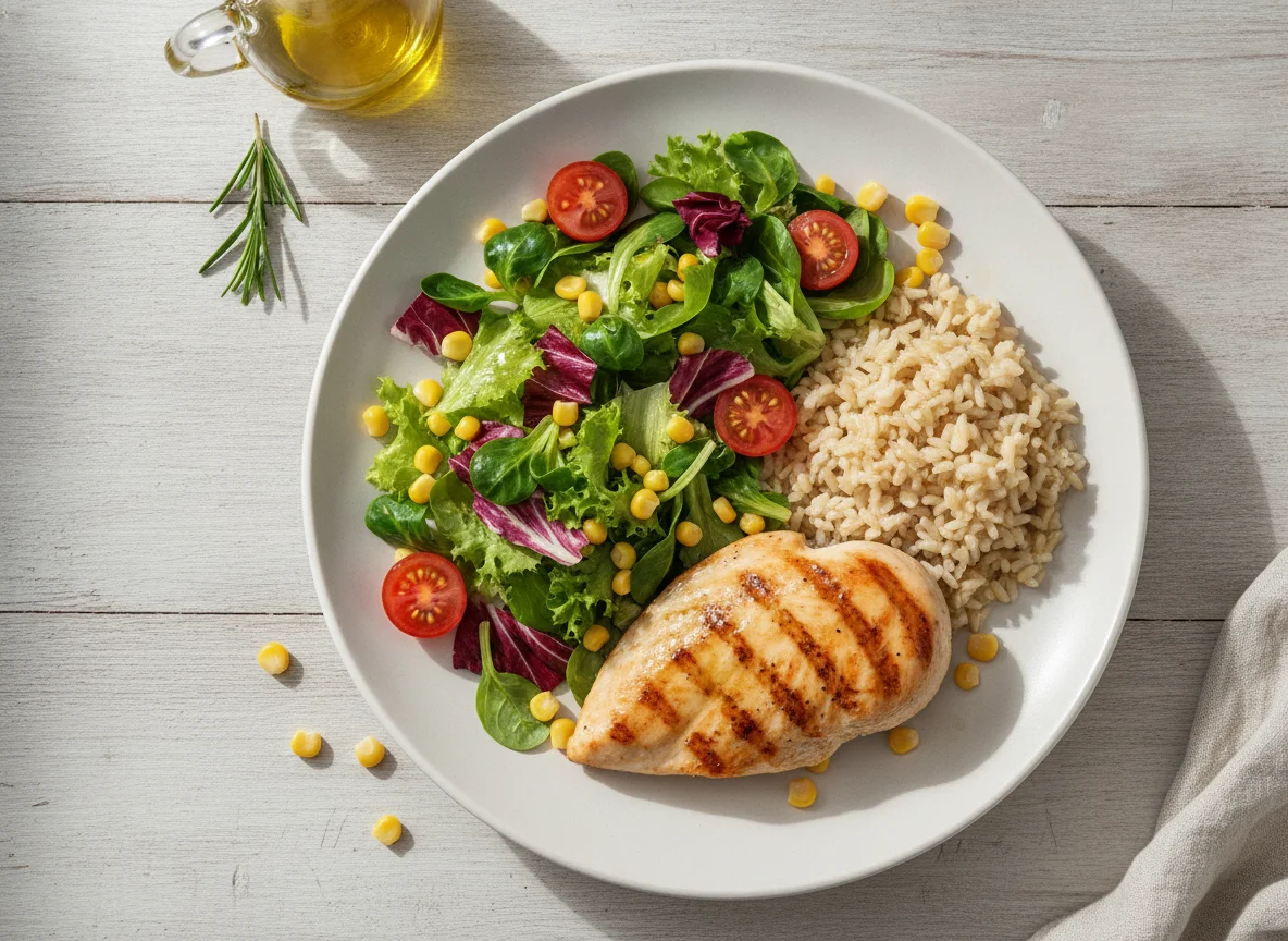 Grilled chicken with brown rice and mixed salad photo