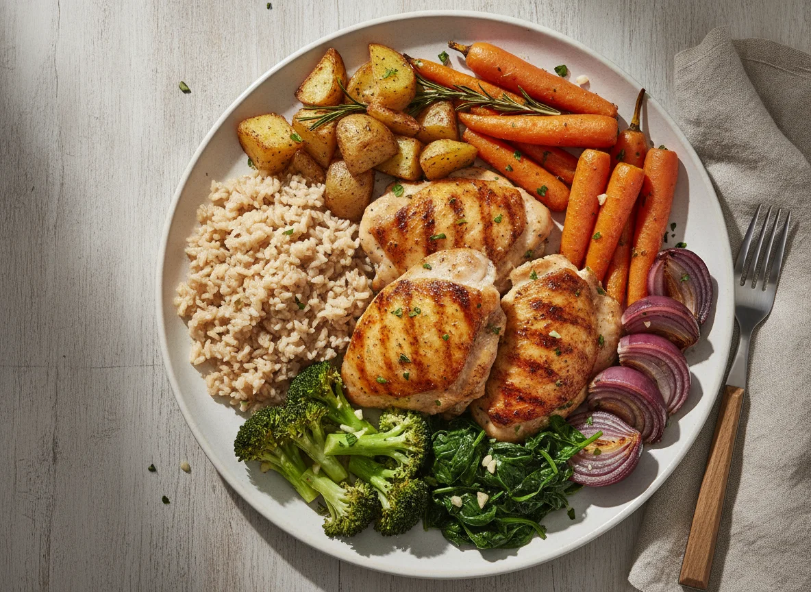 Grilled Chicken with Brown Rice and Roasted Vegetables photo