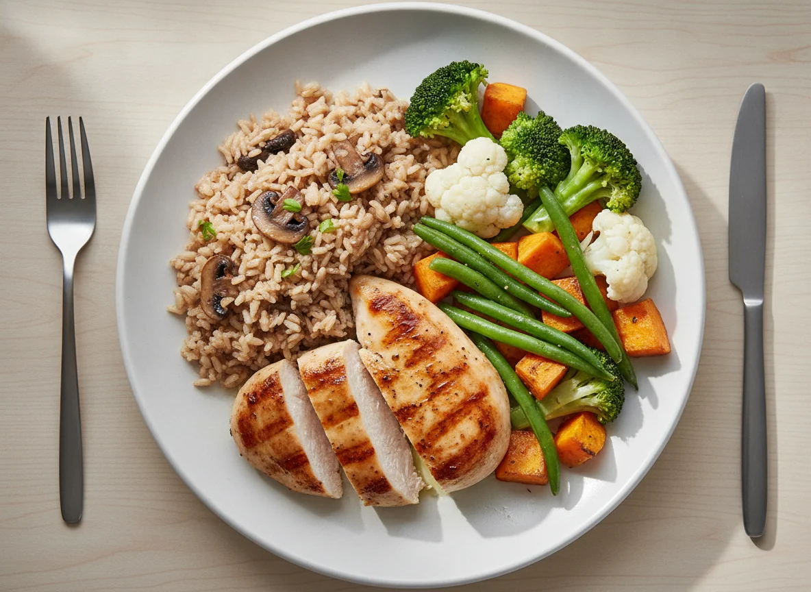 Grilled chicken with brown rice and steamed vegetables photo