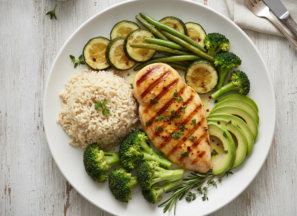 Grilled Chicken with Brown Rice and Vegetables photo