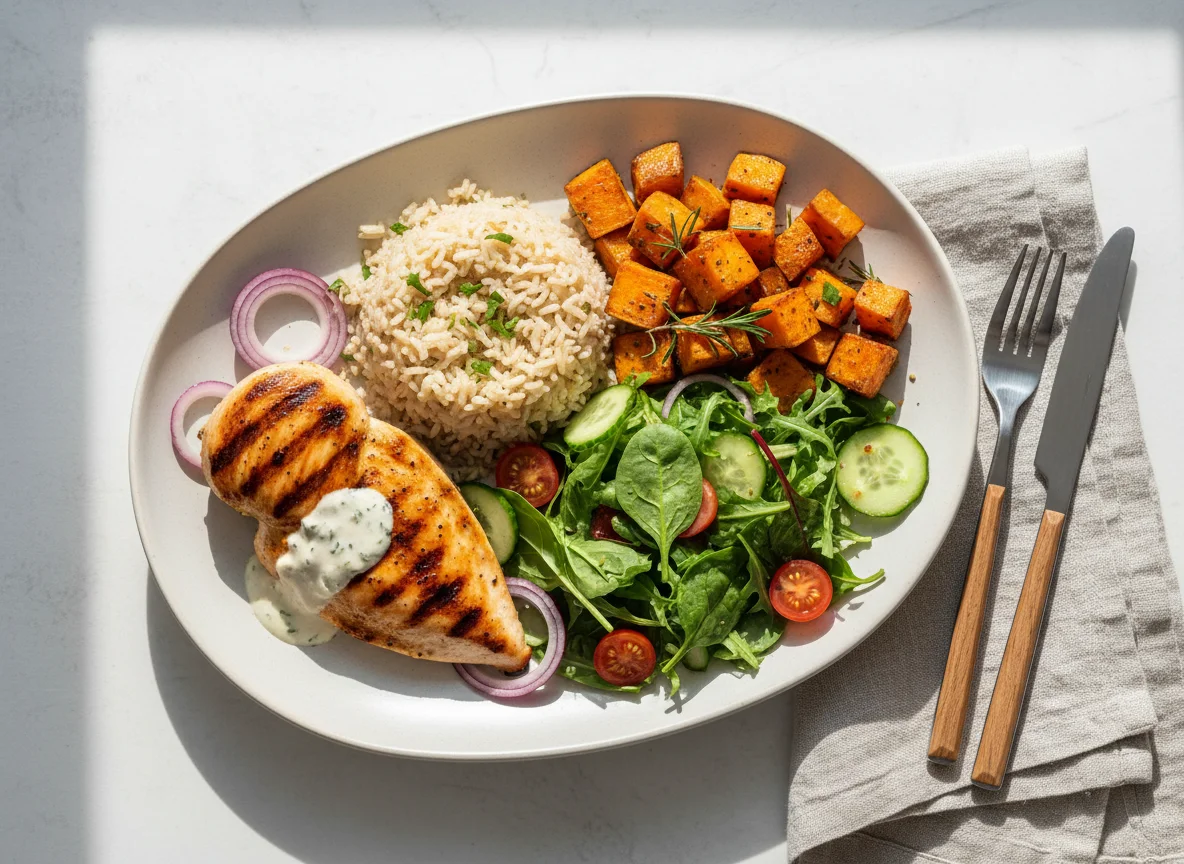 Grilled chicken with brown rice, salad and sweet potato photo
