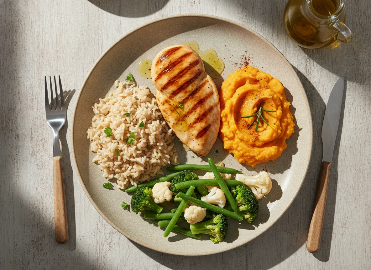 Grilled chicken with brown rice, sweet potato and steamed vegetables photo