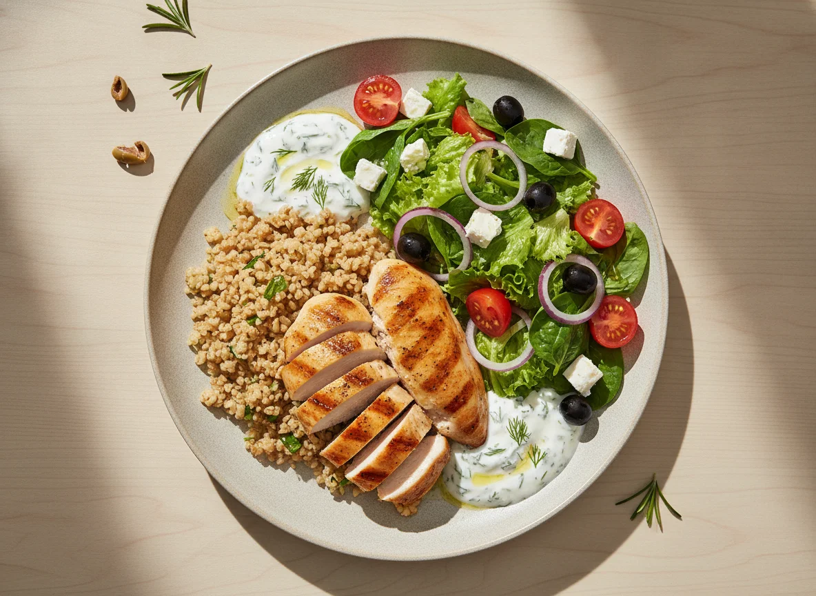 Grilled Chicken with Bulgur and Fresh Salad photo