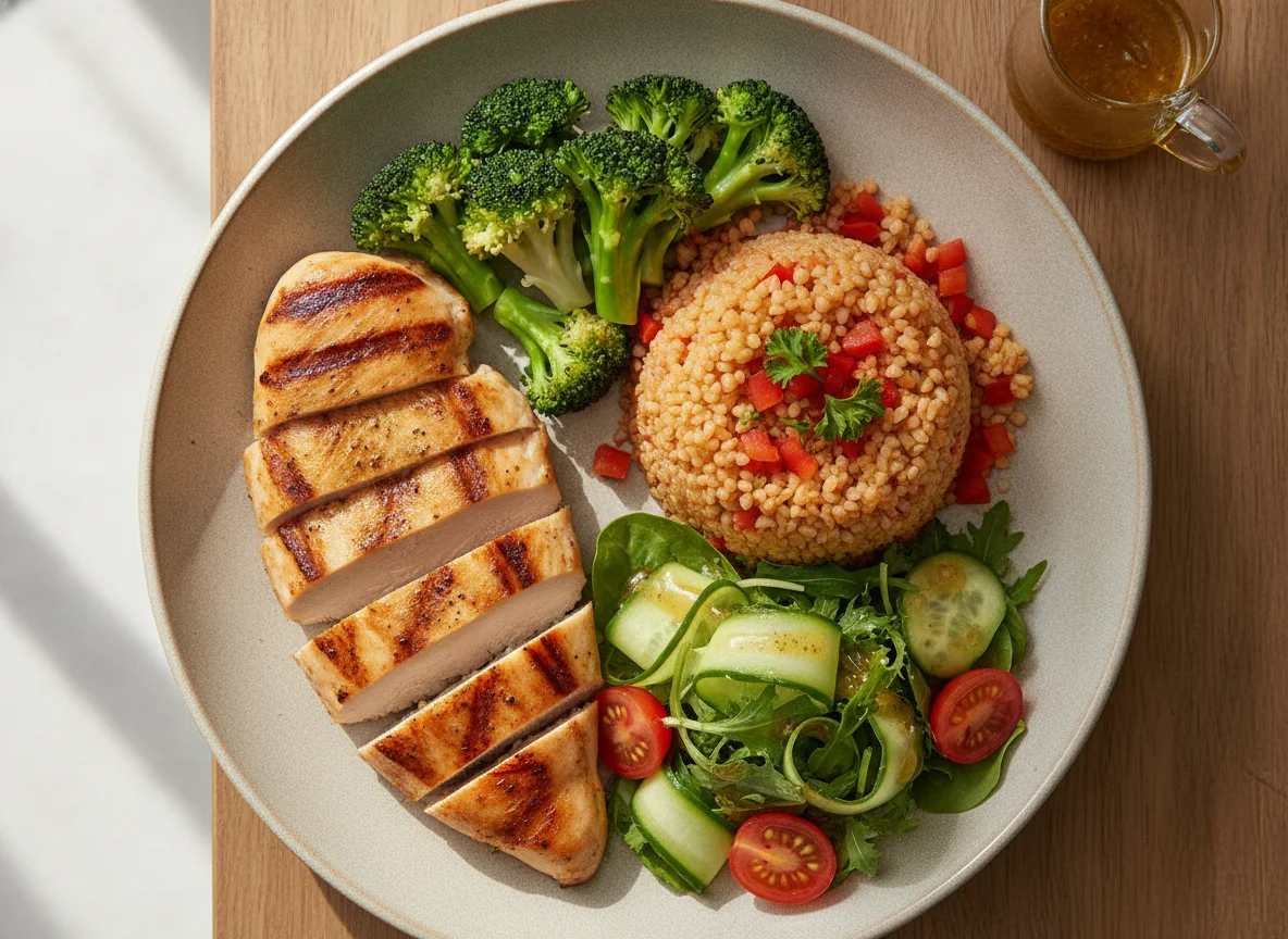 Grilled chicken with bulgur wheat, broccoli and side salad photo