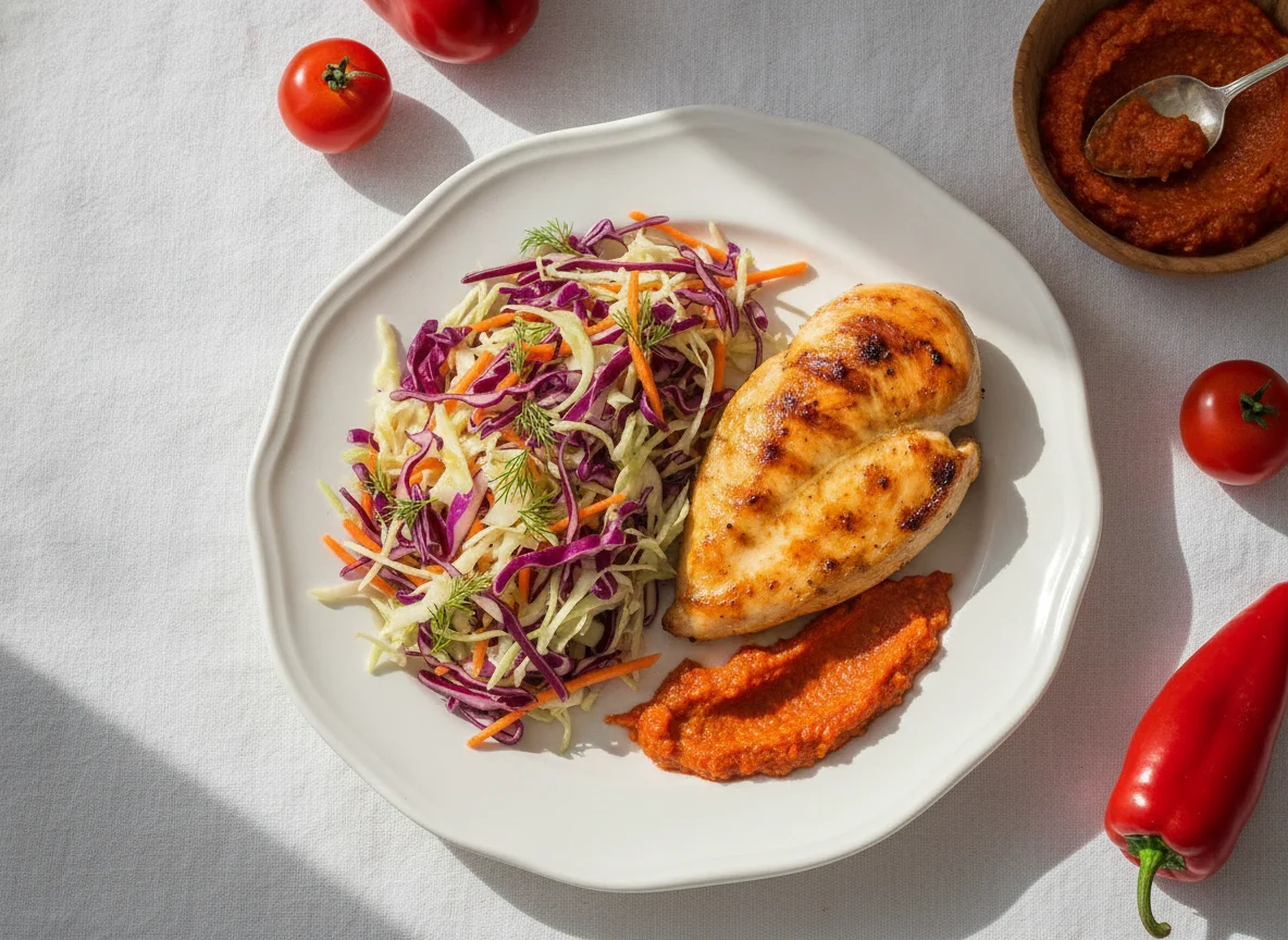 Grilled chicken with cabbage salad and lyutenitsa photo