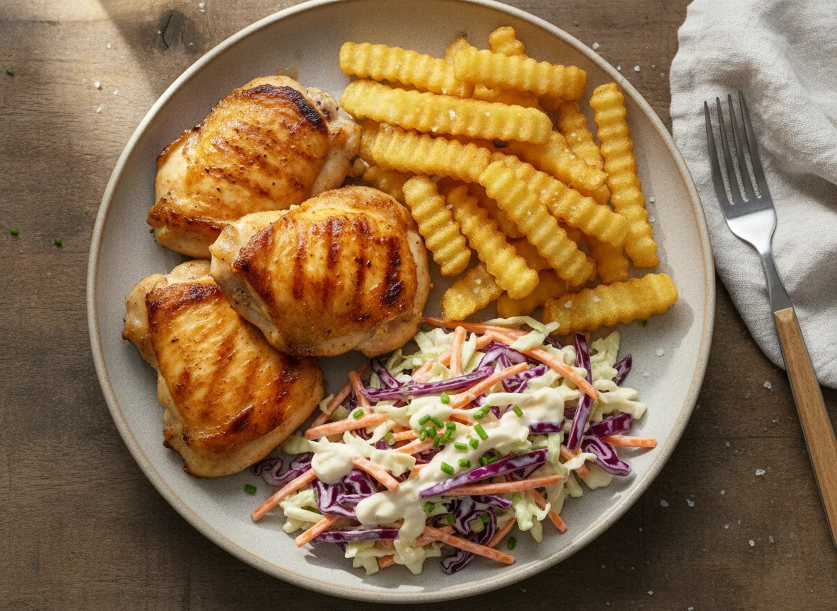 Grilled chicken with chips and coleslaw photo
