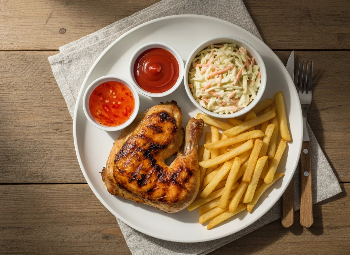Grilled Chicken with Chips, Coleslaw and Sauces photo