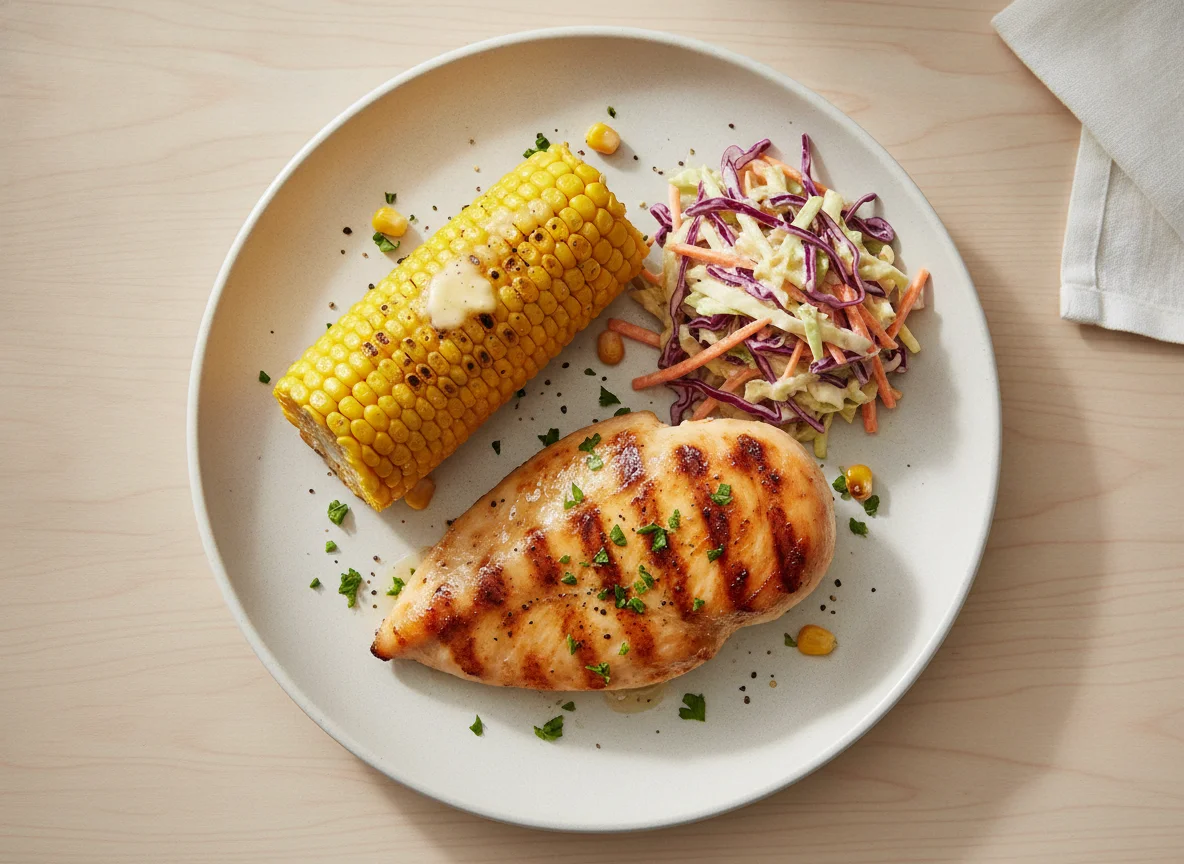 Grilled chicken with corn and coleslaw photo