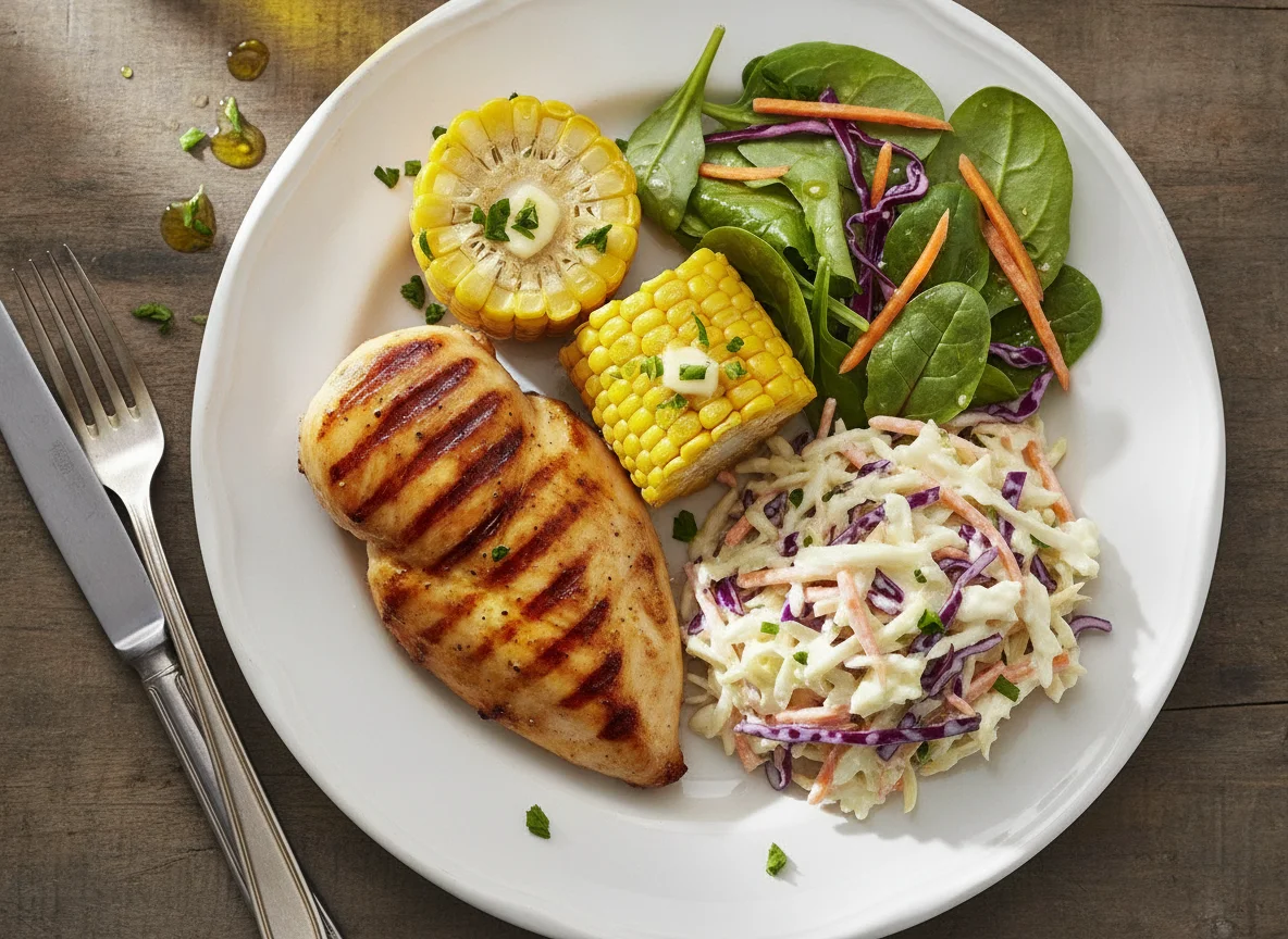 Grilled chicken with corn on the cob and coleslaw photo