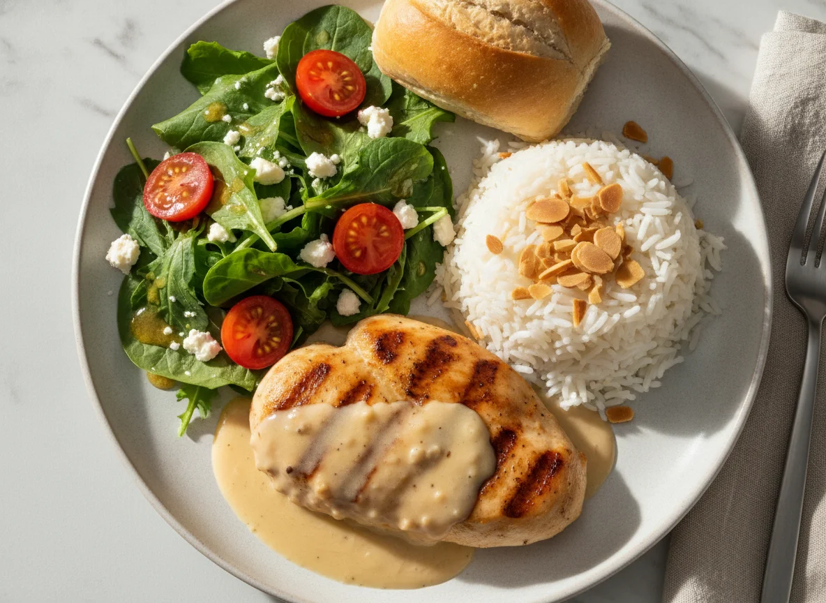 Grilled Chicken with Creamy Sauce, Almond Rice, and Garden Salad photo